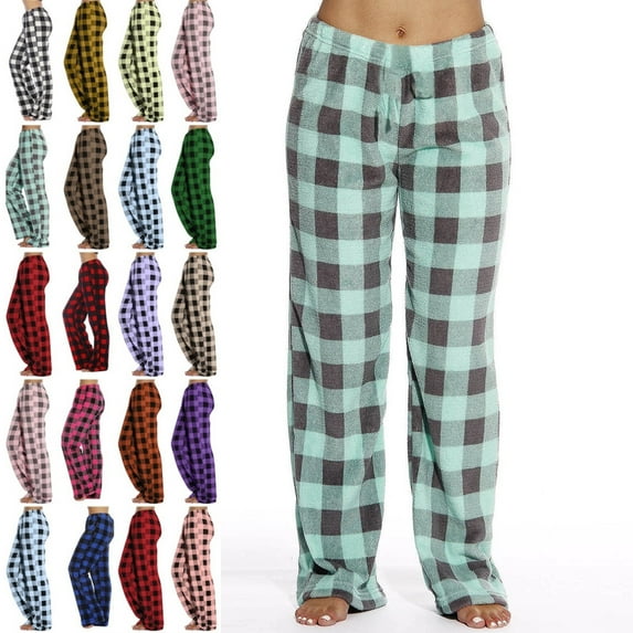 DENGDENG Women Plaid Pajama Pant Christmas Winter Flannel Fuzzy Pajamas Pants Cute Fleece Lounge Pants Soft Elastic Waist Holiday Fall Pjs Bottoms Cyan XXL