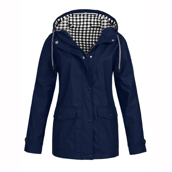 DENGDENG Women Rain Jacket with Hood Casual Lightweight Windbreaker Raincoats Hooded Waterproof Jackets Outdoor Hiking Rain Coat Navy XL