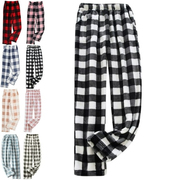 DENGDENG Women’S Flannel Pajamas Buffalo Plaid Christmas Fluffy Flannel Fleece Pjs Pants Warm Sleep Fuzzy Loungewear Pants Cute Elastic Waist Plus Size Plush Pajama Bottoms with Pockets Black XL