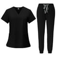 thumbnail image 1 of DENGDENG Women Scrubs Set Workwear Nursing Uniform Short Sleeve V-Neck Scrub Tops & Jogger Pants Soft and Stretchy Nurse Plus Size Scrubs Set with Multi Pocket,Black L, 1 of 7
