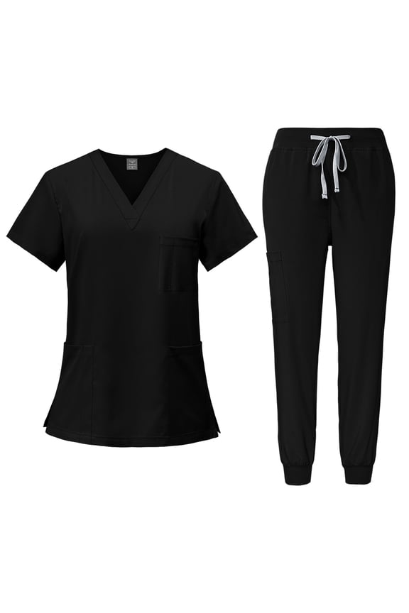 Women Scrubs Set Workwear Nursing Uniform Short Sleeve V-Neck Scrub Tops & Jogger Pants Soft and Stretchy Nurse Plus Size Scrubs Set with Multi Pocket,Black L
