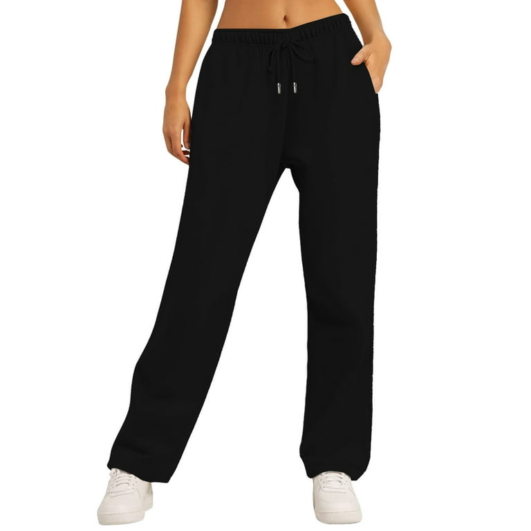 DENGDENG Women Sweat Pants Fleece Loose Fit Solid Color Joggers Pants Teen Girls Straight Leg Drawstring with Pockets Sweatpants Bottoms Elastic Waist High Waist Baggy Pants Black S Walmart