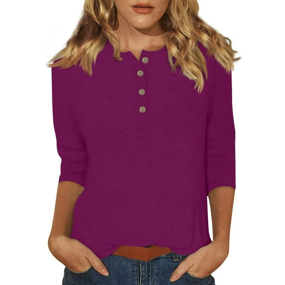 DENGDENG Women Tops 3/4 Sleevecasual Button Down Tshirts Elbow Sleeve Round Neck Summer Shirts Three Quarter Length Blouse Cute Boho Pullover Dark Purple XL