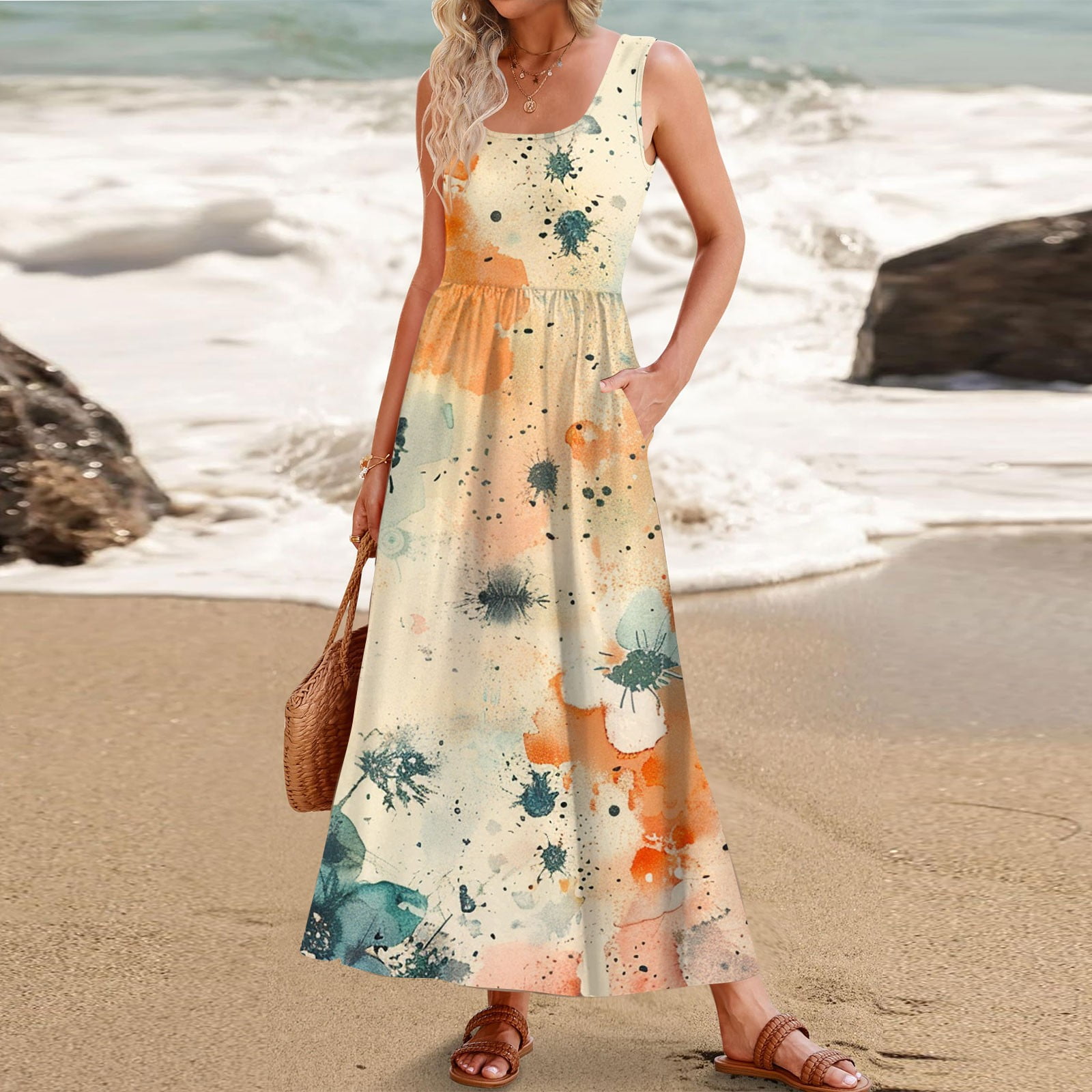 DENGDENG Women's 2024 Summer Floral Sleeveless Dress Square Neck