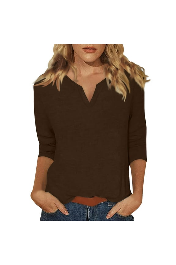 Womens Tops 3/4 Sleeves Loose Fitting V-Neck Casual Tshirts Elbow Sleeve Summer Tunics Spring Three Quarter Length Blouses Plus Size Business Clothes Coffee XXL
