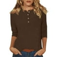 thumbnail image 1 of DENGDENG Women's 3/4 Sleeve Fall Tops and Blouses Casual Summer Tshirts Button Down Crew Neck Elbow Sleeve Tunic Tops Plus Size Three Quarter Length Shirts Clearance Trendy Blouses Coffee L, 1 of 5