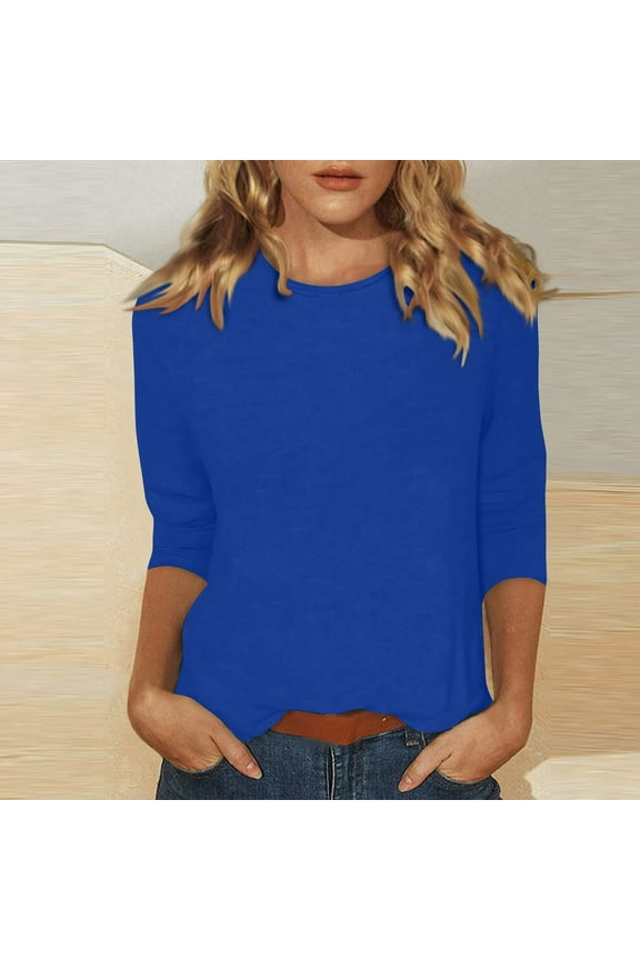 Women's 3/4 Sleeve Fall Tops and Blouses Summer Crew Neck T-Shirts Work Elbow Casual Blouses Business Three Quarter Length Shirts Solid Color Spring Clothes Blue XL