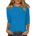 thumbnail image 1 of DENGDENG Ladies Shirts 3/4 Sleeve Summer Round Neck Basic Tees Elbow Sleeve Casual Button Down Tops Petite Three Quarter Length Blouse Petite Clothes Blue M, 1 of 6