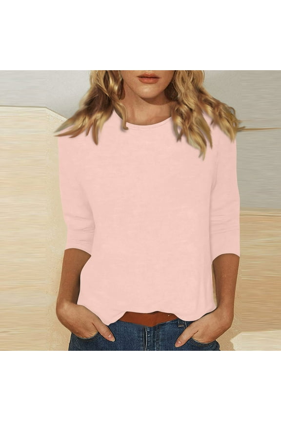 Women's 3/4 Sleeve Tops and Blouses With Collars Casual Elbow Sleeve Tshirts Cute Summer Crew Neck Shirts Fashion 2025 Three Quarter Length Tunic Tops Business Work Clothes Light pink L