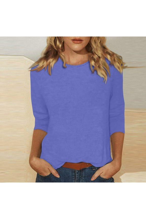 Women's 3/4 Sleeve Tops and Blouses Elbow Sleeve Casual Basic Tees Boho Summer Crew Neck Blouse Trendy Three Quarter Length Shirts Work Clothes Purple XL