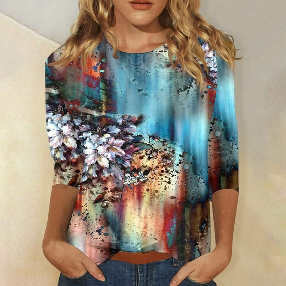DENGDENG Women's 3/4 Sleeve Tops Polyester Elbow Round Neck Womens Work Shirts Summer Ethnic Floral T-Shirts Casual Mid-Length Women Blouses Dark Blue XL