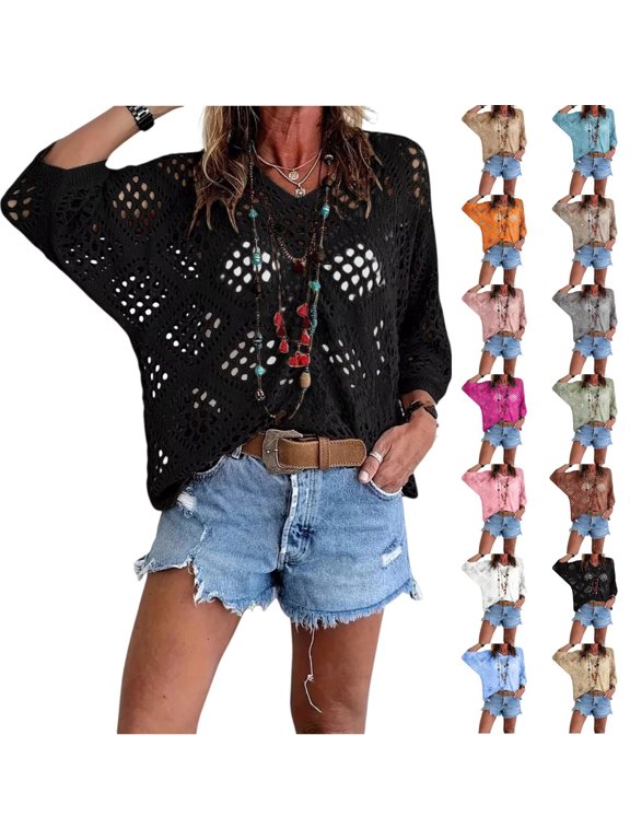 Women's Bohemian Crochet Top with V-Neck, Summer Beach Hollow Crochet Cover-Up 3/4 Sleeve Casual Tops,XL,#03 Black