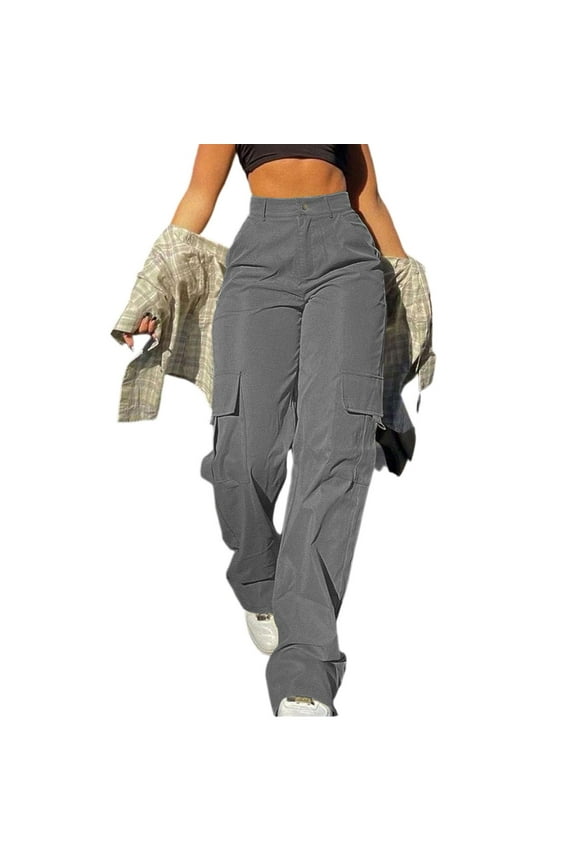 Women's Camo Cargo Pants Fashion High Waisted Casual Dress Parachute Pants Fall Long Pants with Pockets Petite Y2k Streetwear Hiking Wide Leg Trousers Gray L