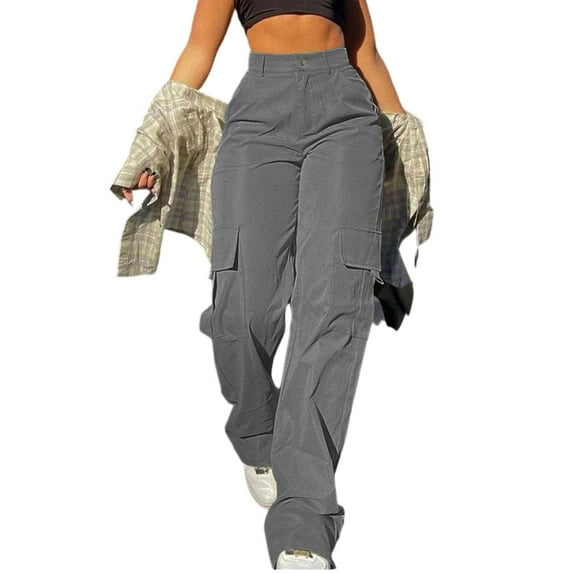 DENGDENG Women's Camo Cargo Pants Fashion High Waisted Casual Dress Parachute Pants Fall Long Pants with Pockets Petite Y2k Streetwear Hiking Wide Leg Trousers Gray L