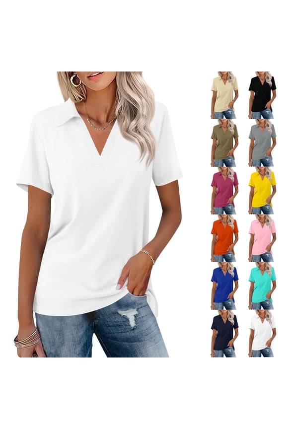 Women's Cotton Short Sleeve V Neck Polo Shirts Collared Tops Golf Shirt Work Casual Summer Tee, #03 White 3XL