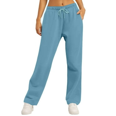 DENGDENG Women's Cotton Sweatpants Drawstring Joggers Sweatpants Comfy Casual Elastic High Waisted Lounge Wide Leg Pants Workout Straight Long Baggy Pants with Pockets Blue XXL