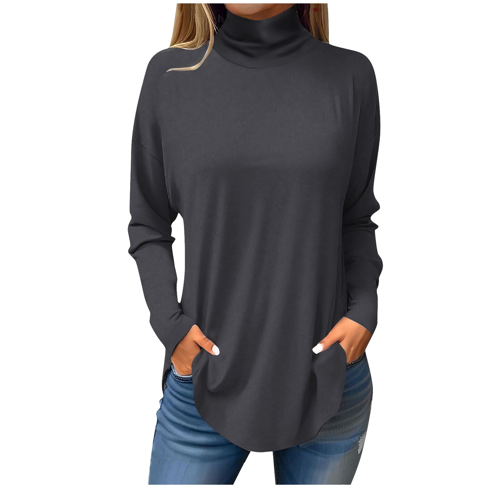 DENGDENG Women's Dress Shirts Long Sleeve Turtleneck Tunic