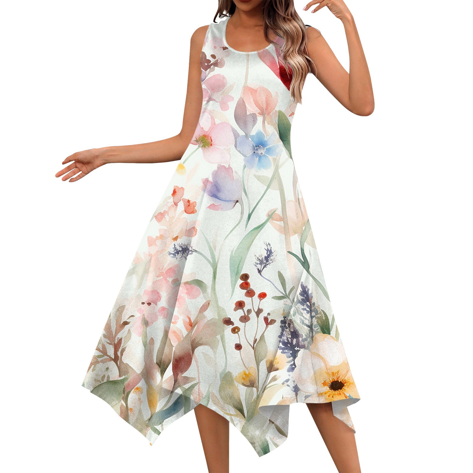 DENGDENG Women's Dresses Sleeveless Sundress Irregular Hem Floral Maxi ...