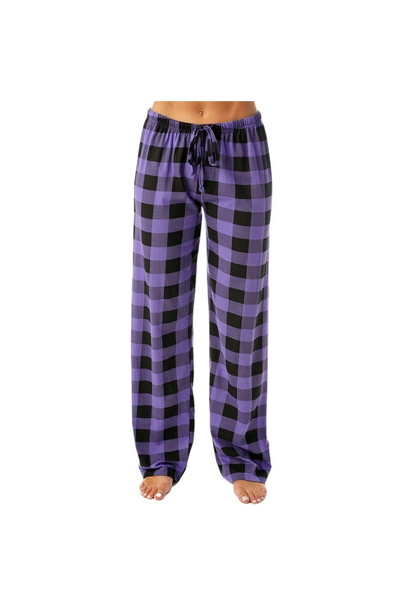 Women's Pj Pants Comfy Plaid Wide Leg Pajama Pants Soft Christmas Low Rise Sleep Pants Plus Size Drawstring Lounge Pants with Pockets Purple XXL