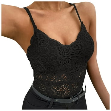 DENGDENG Women's Lace Longline Camisoles with Built In Bra Spaghetti Strap Tank Top Comfy Bralettes Yoga Cami Bra Black L