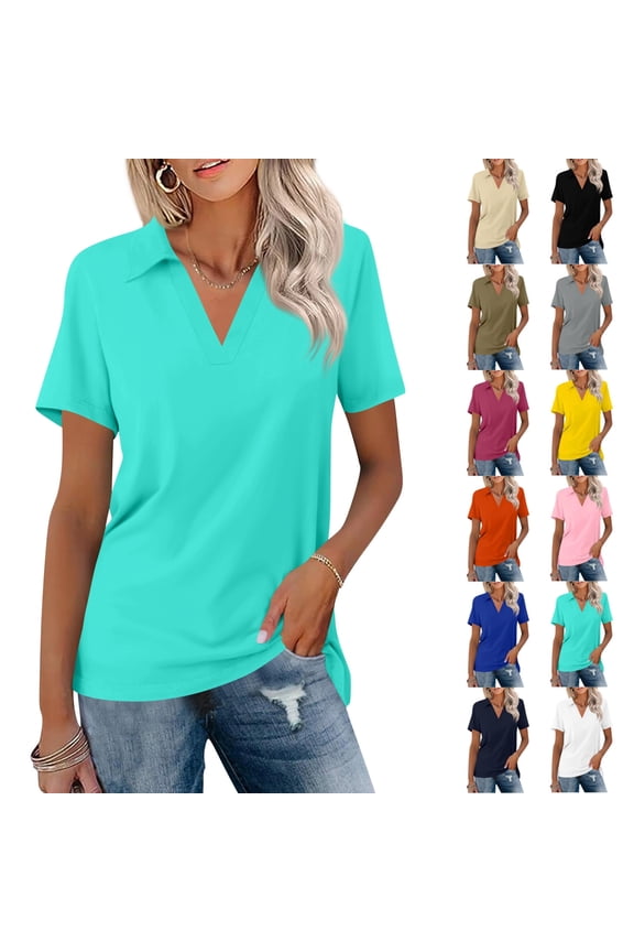 Women's Short Sleeve V Neck Polo Shirts Summer Collared Tops Casual Loose Tees Tops, #01 Turquoise S