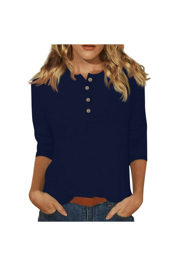 Women's Three Quarter Sleeve Tops and Blouses Casual Summer Tshirts Crew Neck Elbow Button Down Tunics Spring Three Quarter Length Blouses Loose Solid Color Clothes Royal Blue XL
