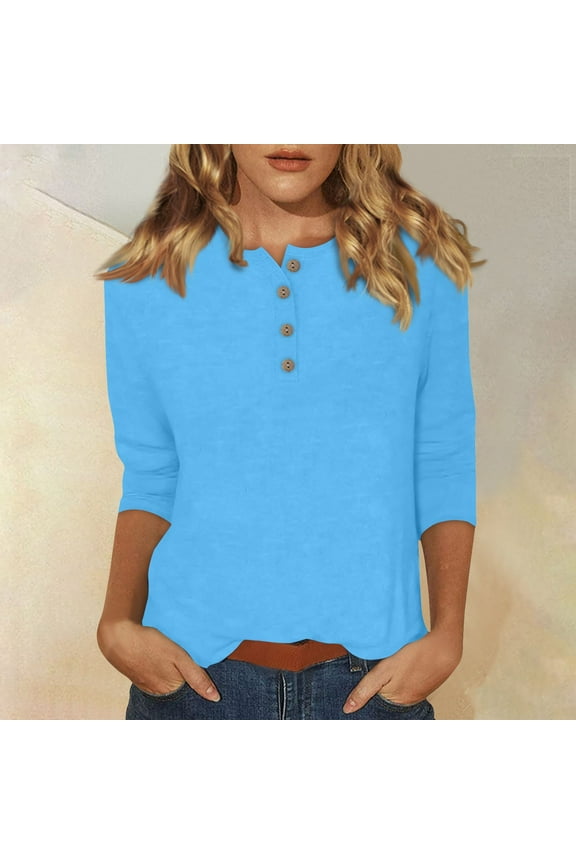 Women's Tops 3/4 Sleeve Dressy Round Neck Button Down T Shirts Casual Summer Elbow Sleeve Blouse Solid Color Three Quarter Length Shirts Spring Tunic Tops Cyan M