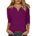 thumbnail image 1 of DENGDENG Women's Tops 3/4 Sleeve Length Casual Elbow Sleeve Basic Tees Trendy Summer V Neck Shirts Solid Color Three Quarter Length Blouses Fashion 2025 Petite Pullover Top Dark Purple M, 1 of 6