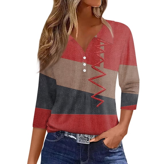 DENGDENG Women's Tops 3/4 Sleeve Loose Fit Collared Button Down Shirts Summer Henley V Neck Tunic Casual T-Shirts Lightweight Trendy Geometric Print Blouse Vermilion XXL
