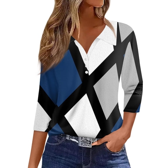 DENGDENG Women's Tops 3/4 Sleeve Loose Fit Collared Button Down Shirts Summer Henley V Neck Tunic Casual T-Shirts Lightweight Trendy Geometric Print Blouse Blue XXL