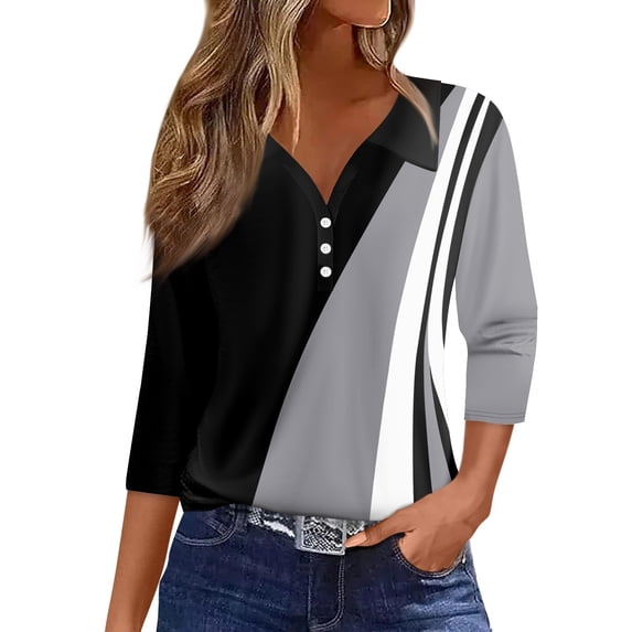 DENGDENG Women's Tops 3/4 Sleeve Loose Fit Collared Button Down Shirts Summer Henley V Neck Tunic Casual T-Shirts Lightweight Trendy Geometric Print Blouse Dark Gray S