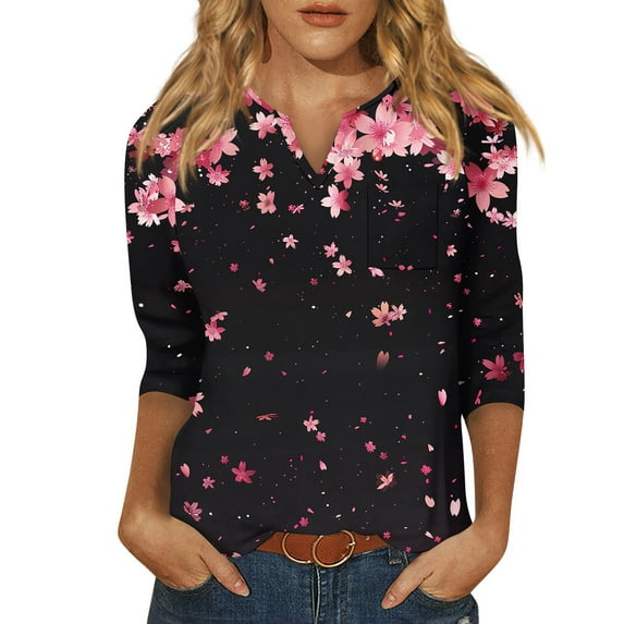 DENGDENG Womens 3/4 Length Sleeve Tops Size Small Plus Size V Neck Shirts Fashion Elbow Floral Blouse Vintage Boho Basic Tee Tunic Tops Black XXL