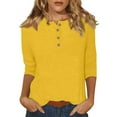 thumbnail image 1 of DENGDENG Womens 3/4 Sleeve Shirts Cotton Elbow Summer Tops Casual Button Down Round Neck Tshirts Boho Three Quarter Length Tunic Tops Petite Loose Clothes Yellow XL, 1 of 5