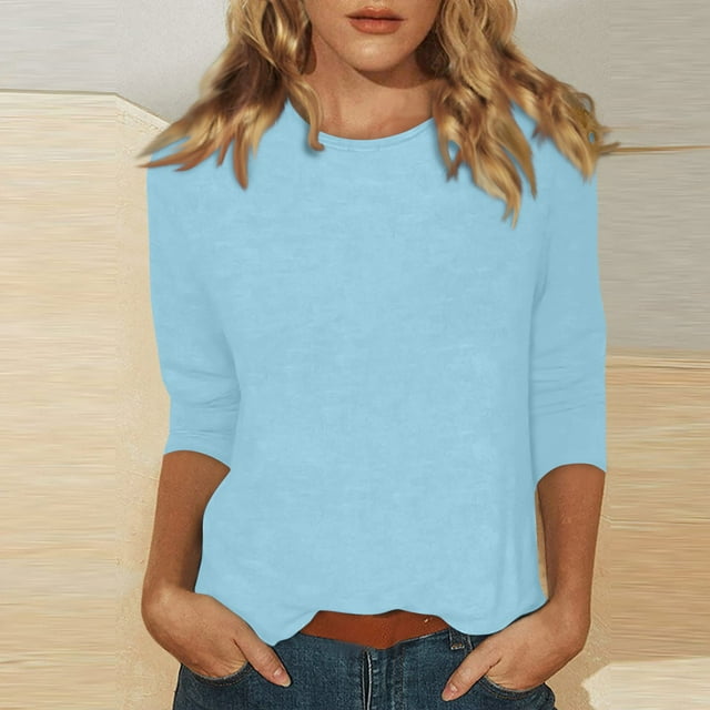 DENGDENG Womens 3/4 Sleeve Shirts Medium Casual Summer Tops Spring Round Neck Elbow Sleeve Tunic Tops Cute Three Quarter Length Blouses Plus Size Clothes Light Blue L