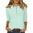 thumbnail image 1 of DENGDENG Womens 3/4 Sleeve Summer Tops Casual Crew Neck Tshirts Elbow Button Down Tunics Solid Color Three Quarter Length Shirts Work Plus Size Clothes Light Blue S, 1 of 5