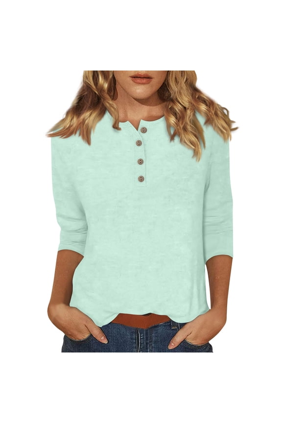 Womens 3/4 Sleeve Summer Tops Casual Crew Neck Tshirts Elbow Button Down Tunics Solid Color Three Quarter Length Shirts Work Plus Size Clothes Light Blue S