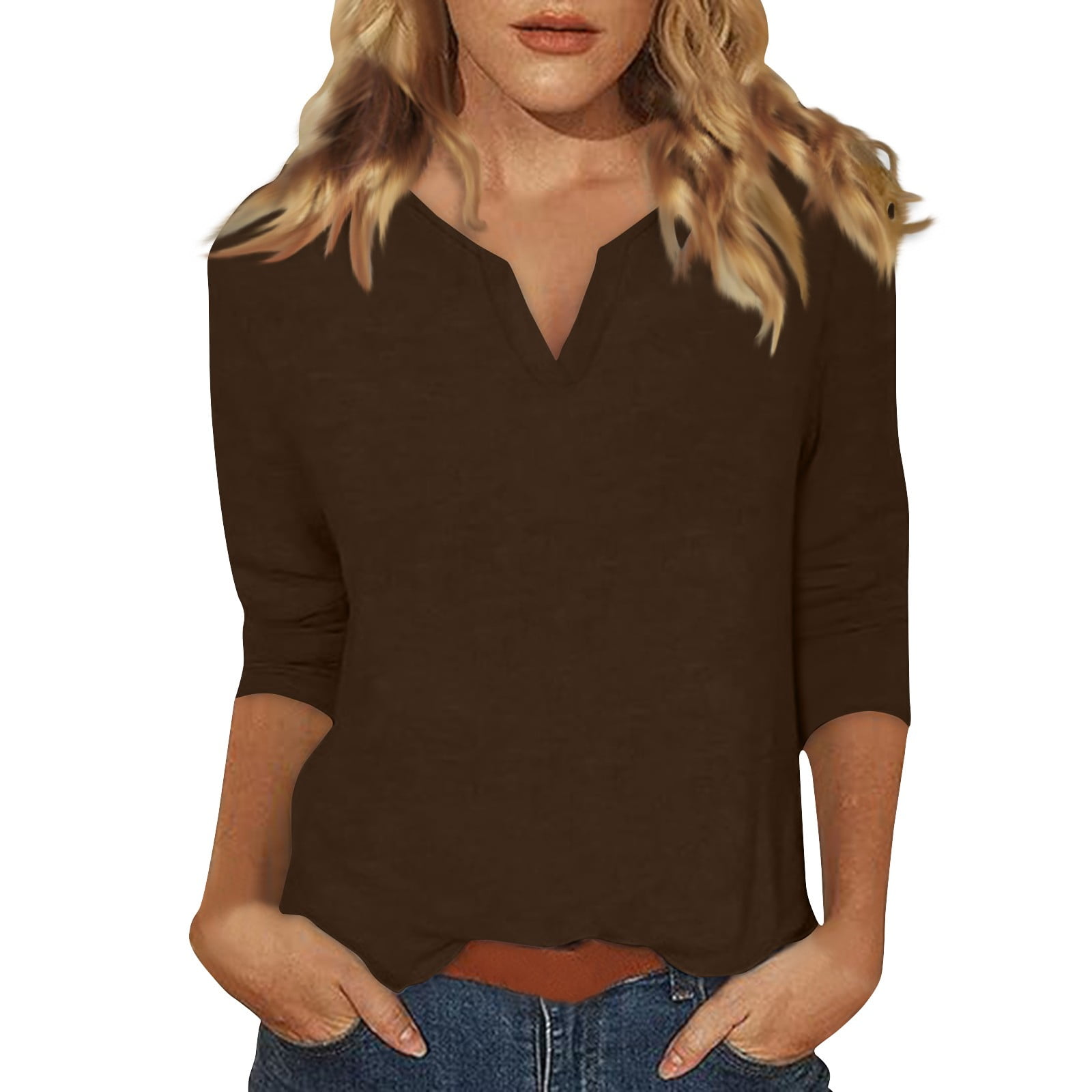 DENGDENG Womens 3/4 Sleeve T Shirts V Neck Casual Tops Cute Summer ...