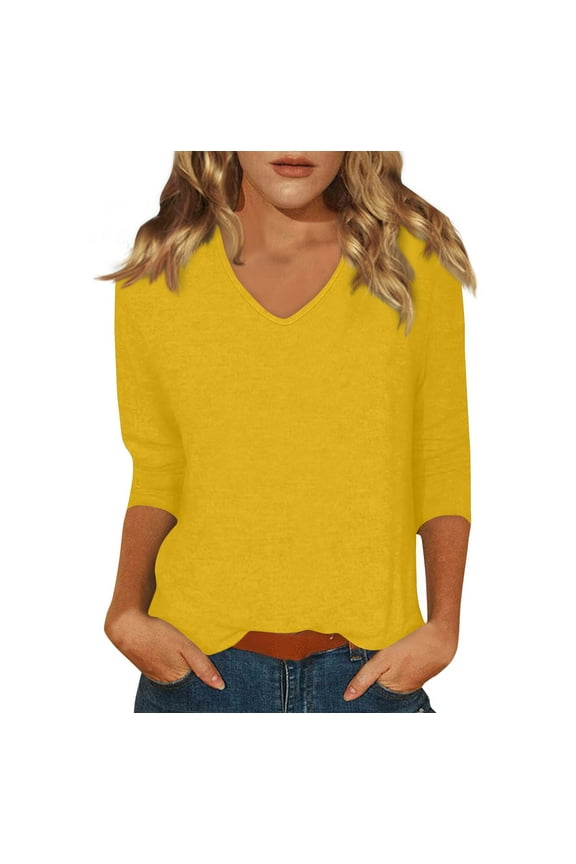 Womens 3/4 Sleeve Tops Casual Elbow V Neck Basic Tees Work Summer Tunic Tops Plus Size Three Quarter Length Blouse Cute Loose Clothes Yellow XXL