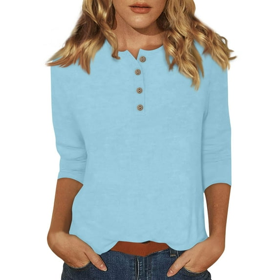 DENGDENG Womens 3/4 Sleeve Tops Clearance Under $5 Crew Neck Elbow T-Shirts Button Down Casual Summer Tunic Tops Fashion 2025 Three Quarter Length Blouse Petite Cute Shirts Light Blue XL
