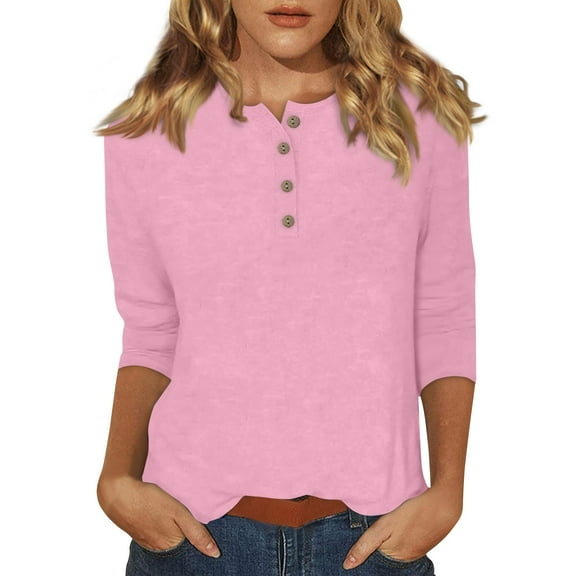 DENGDENG Womens 3/4 Sleeve Tops Under $5 Round Neck Button Down Basic Tees Elbow Sleeve Casual Summer Shirts Spring Three Quarter Length Tunics Boho Pullover Pink XL