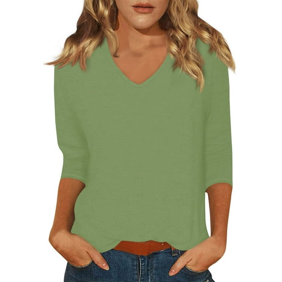 DENGDENG Womens 3/4 Sleeve Tops Cotton Casual V Neck Tshirts Business Elbow Summer Shirts Boho Three Quarter Length Tunics Loose Solid Color Pullover Top Rose Gold XXL