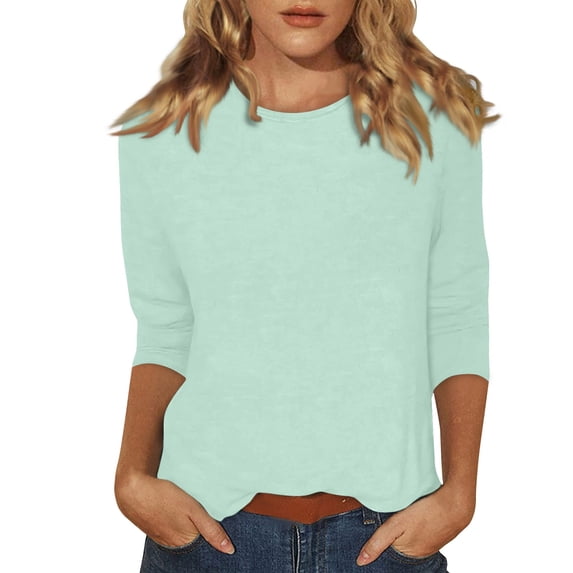 DENGDENG Womens 3/4 Sleeve Tops Cotton Elbow Summer T-Shirts Boho Crew Neck Casual Blouse Cute Three Quarter Length Shirts Solid Color Petite Tunic Tops Mint Green L
