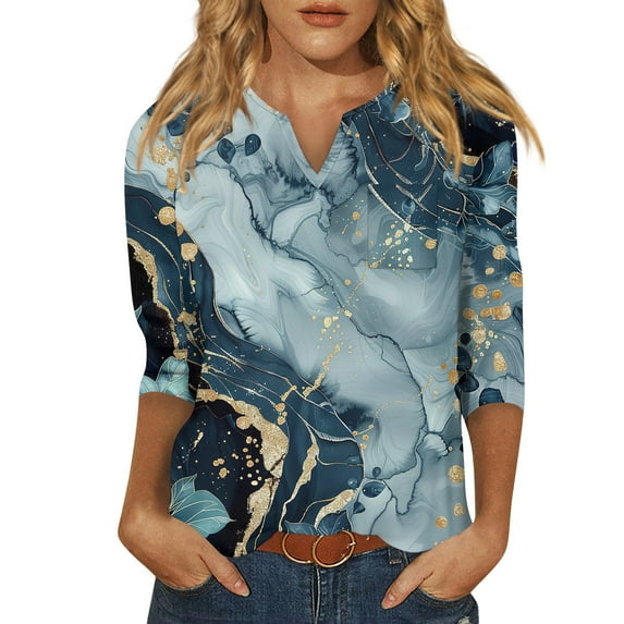 DENGDENG Womens 3/4 Sleeve Tops Lightweight V Neck Shirt Floral Fashion Blouse Summer Three Quarter Length Sleeve T Shirts Petite Vintage Tunic Tops 2024 Blue L