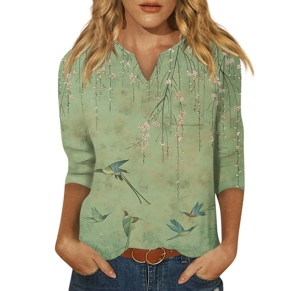 DENGDENG Womens 3/4 Sleeve Tops Lightweight V Neck Shirt Floral Fashion Blouse Summer Three Quarter Length Sleeve T Shirts Petite Vintage Tunic Tops 2024 Green M