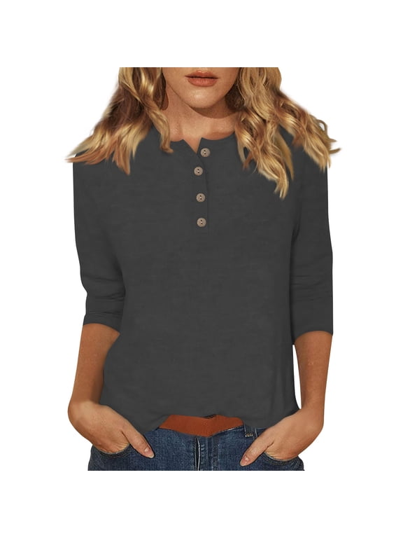 Womens 3/4 Sleeve Tops T Shirts Button Down Summer T Shirts Crew Neck Casual Elbow Sleeve Tunic Tops Boho Three Quarter Length Blouse Spring Cute Clothes Dark Gray M