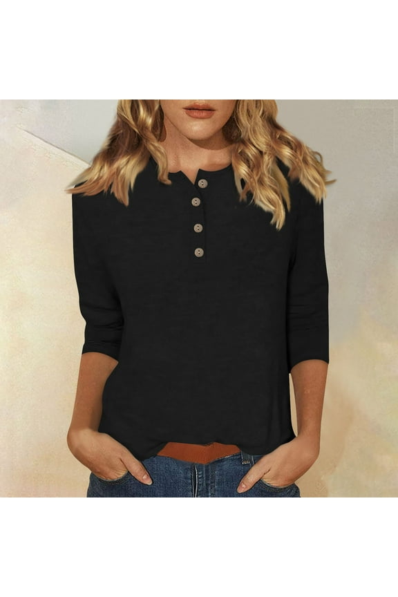 Womens 3/4 Sleeve Tops T Shirts Elbow Sleeve Casual T Shirts Summer Button Down Round Neck Tunic Tops Spring Three Quarter Length Blouses Petite Fashion 2025 Clothes Black M