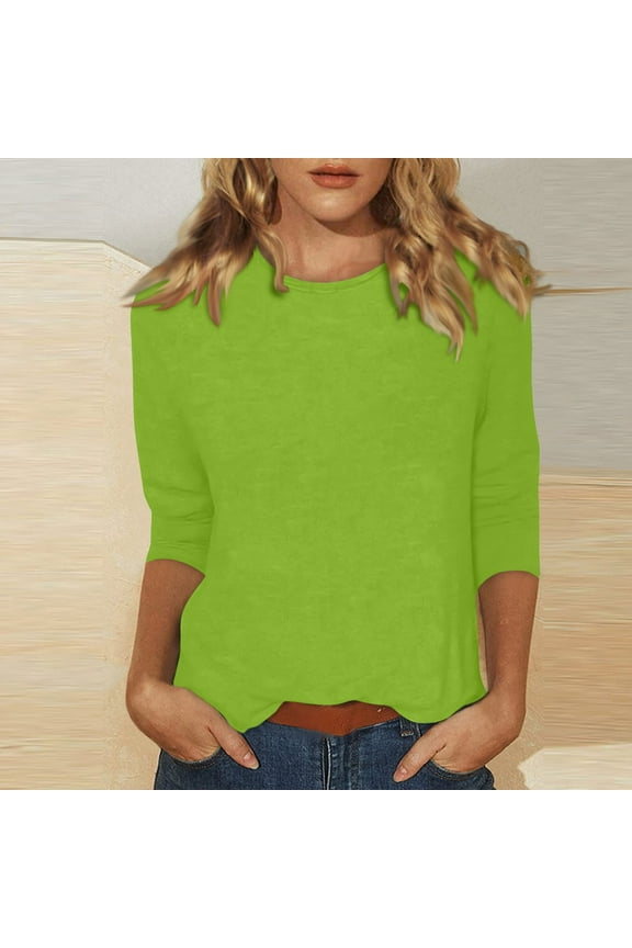 Womens 3/4 Sleeve Tops Tunic Summer Elbow Tshirts Round Neck Casual Blouse Work Three Quarter Length Shirts Boho Clothes Green XL