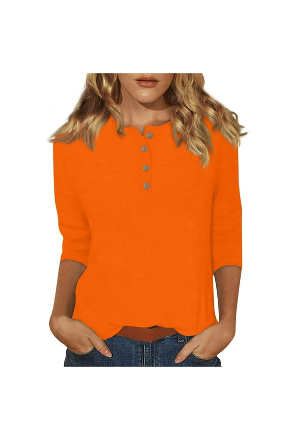 Womens Tops 3/4 Sleeve T Shirt Casual Button Down Basic Tees Summer Crew Neck Elbow Shirts Trendy Three Quarter Length Blouse Fashion 2025 Pullover Orange L