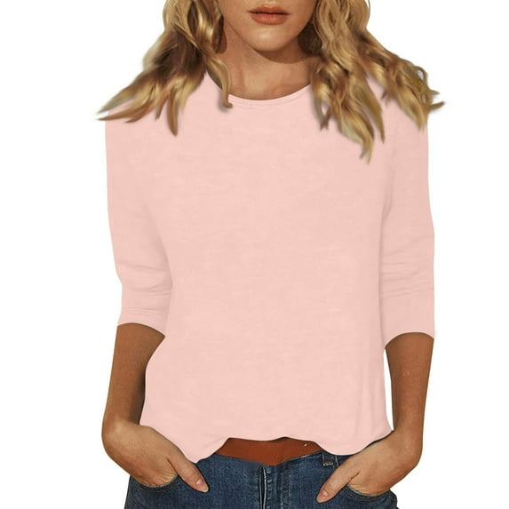 DENGDENG Womens 3/4 Sleeve Tops Xl Summer Round Neck T Shirts Cute Casual Elbow Sleeve Blouses Fashion 2025 Three Quarter Length Shirts Trendy Spring Clothes Light pink XL