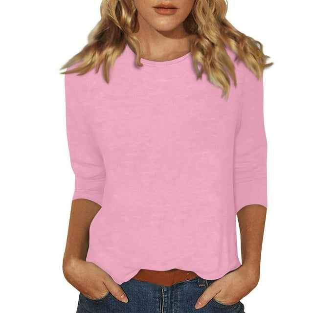DENGDENG Womens 3/4 Sleeve Tshirts Clearance Elbow Boat Neck Tops Boho Summer Casual Tunics Trendy Three Quarter Length Shirts Petite Pullover Top Pink 3XL
